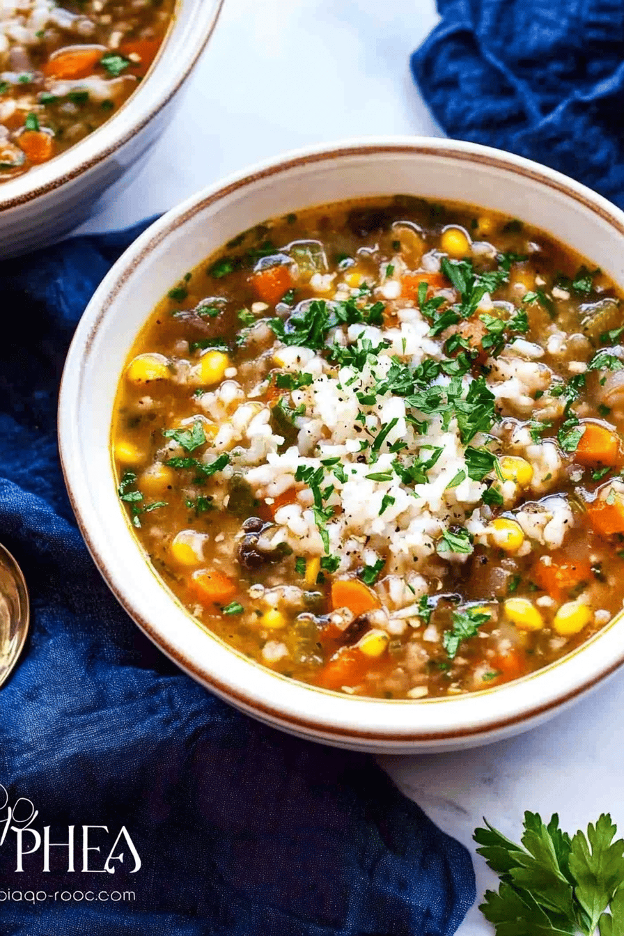 vegetable rice soup slice on plate showing perfect texture and swirl pattern