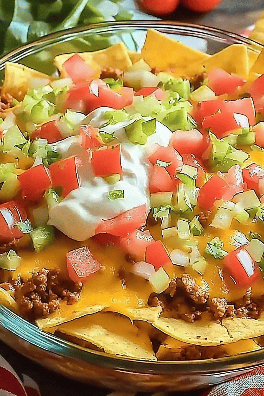 walking taco casserole slice on plate showing perfect texture and swirl pattern