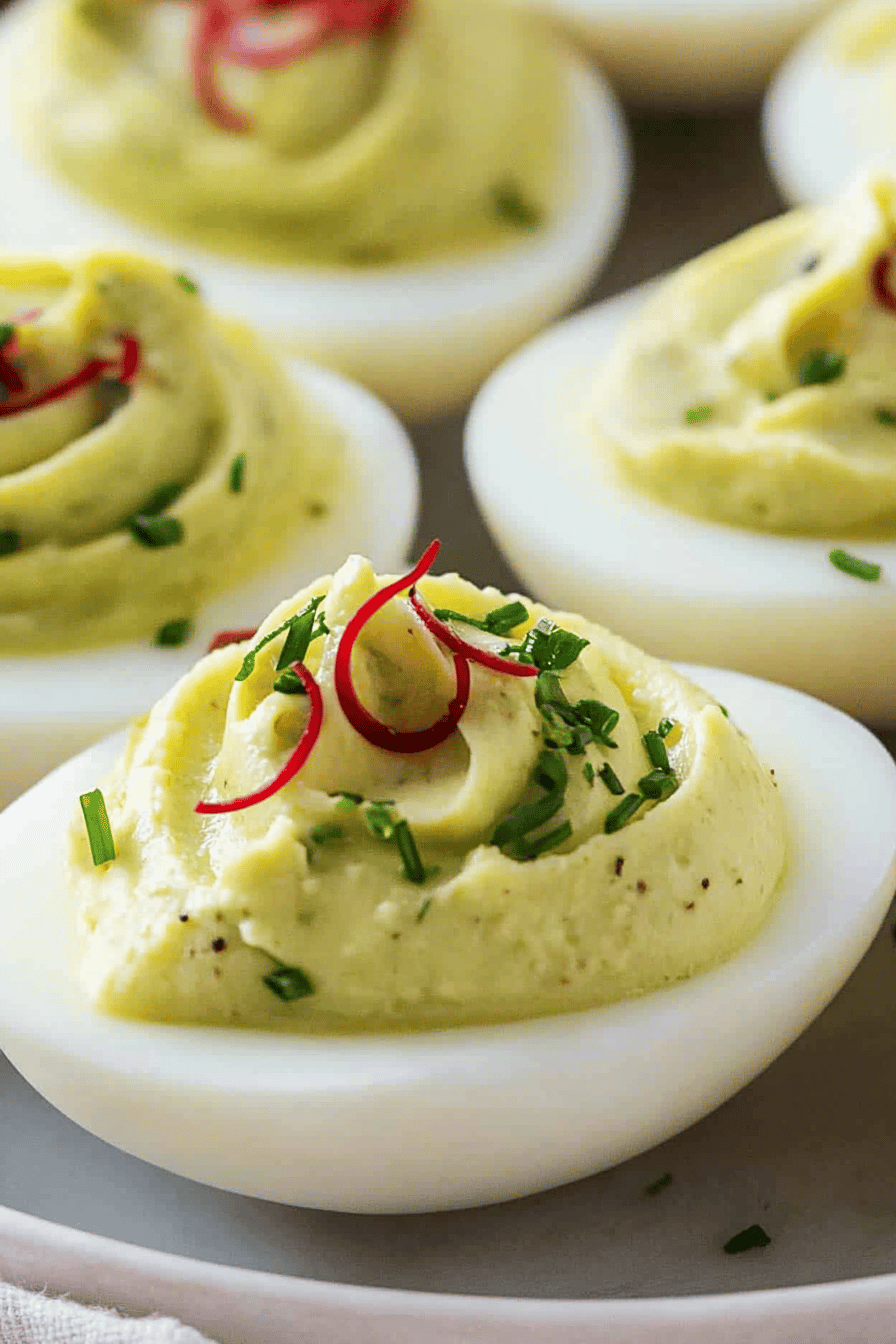 Avocado deviled eggs slice on plate showing perfect texture and swirl pattern