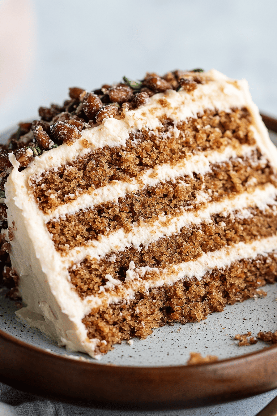 Brown Butter Carrot Cake slice on plate showing perfect texture and swirl pattern
