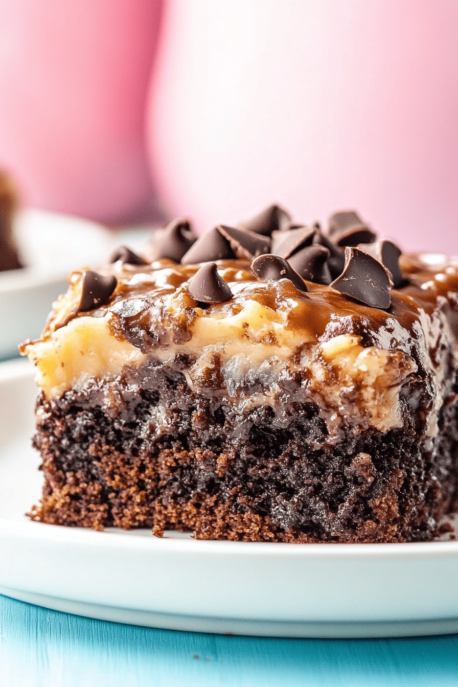 German chocolate poke cake slice on plate showing perfect texture and swirl pattern