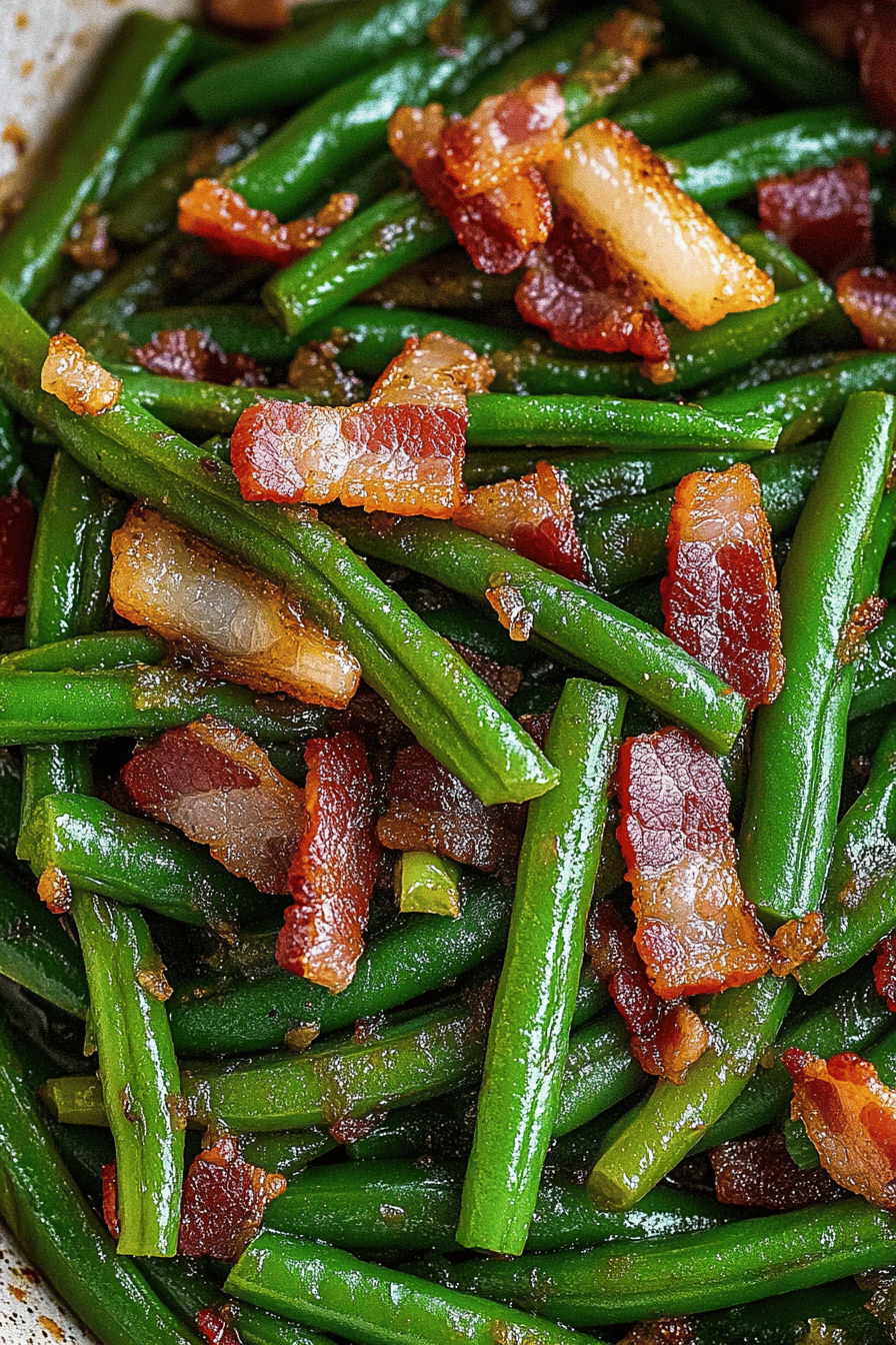 Green beans with bacon ingredients organized and measured on kitchen counter