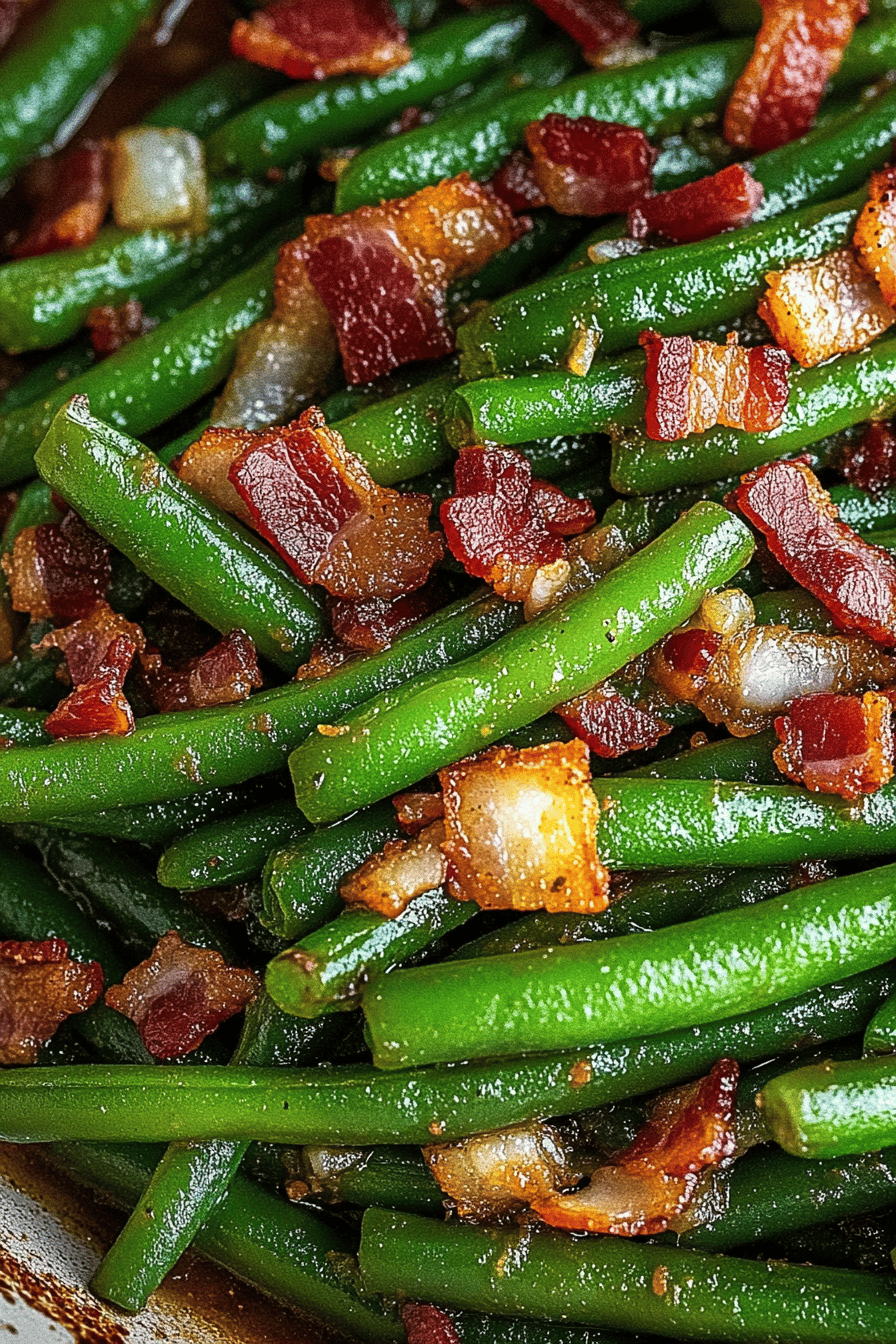 Green beans with bacon slice on plate showing perfect texture and swirl pattern