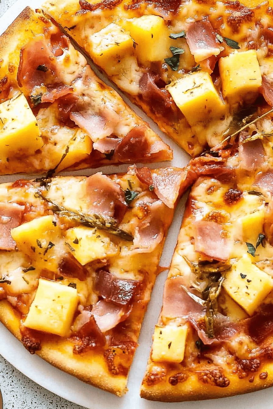 Hawaiian pizza toppings slice on plate showing perfect texture and swirl pattern