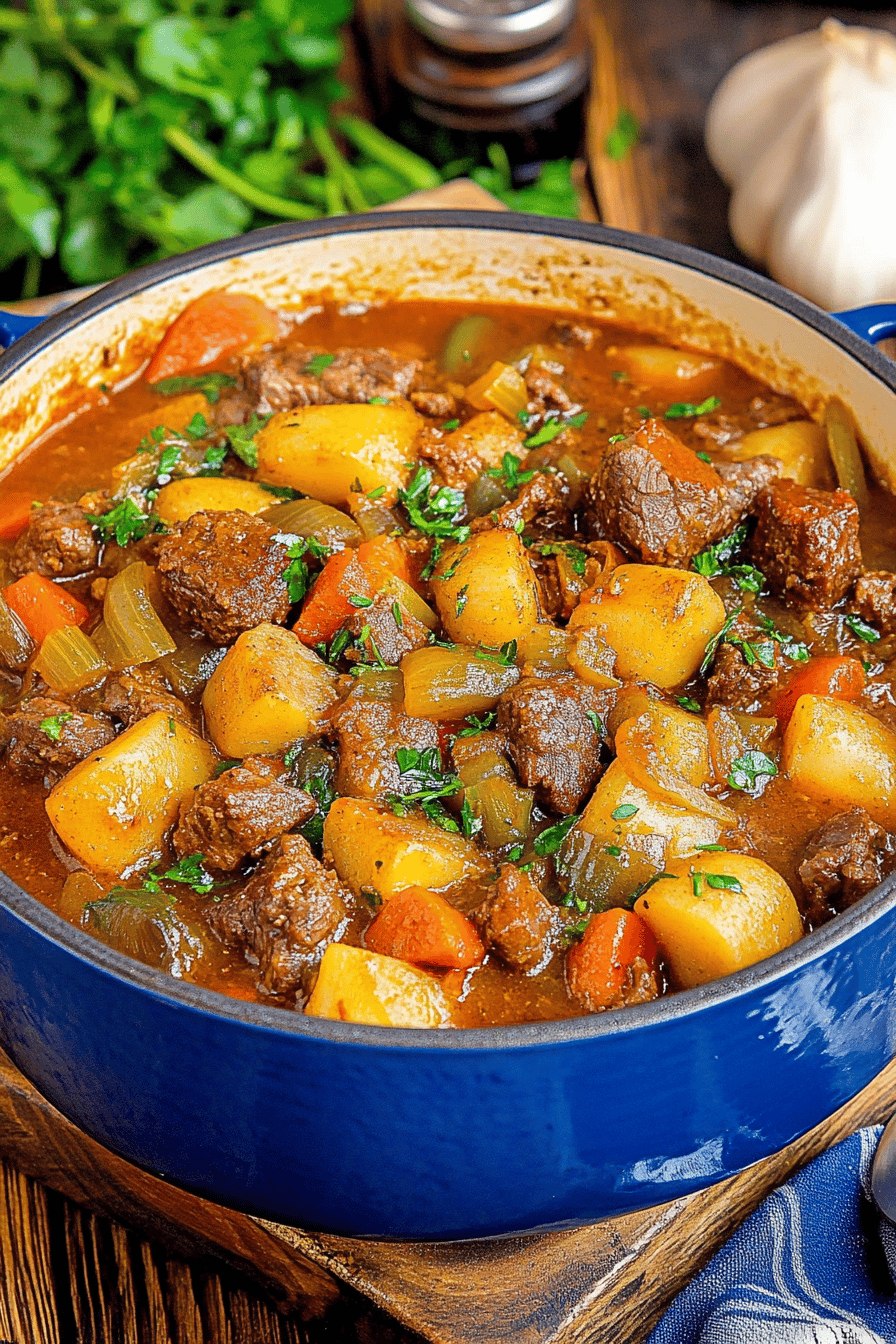 Irish beef stew ingredients organized and measured on kitchen counter