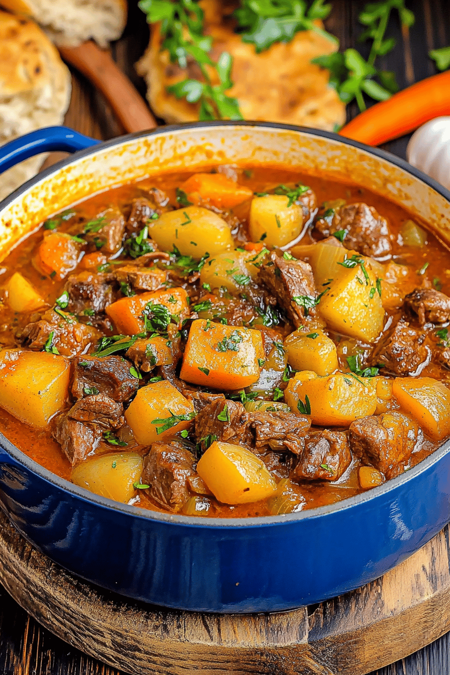 Irish beef stew slice on plate showing perfect texture and swirl pattern