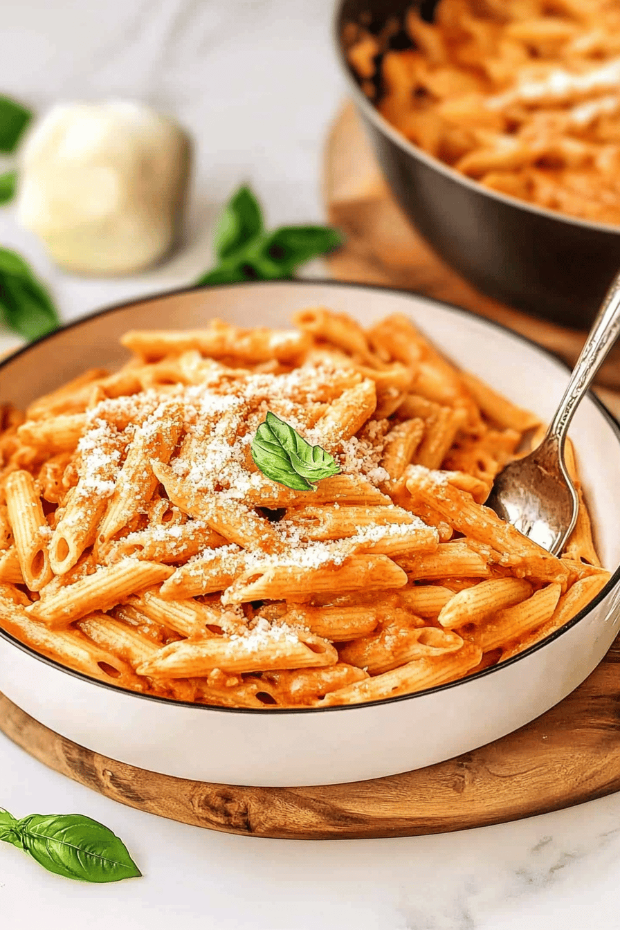 Penne Alla Vodka ingredients organized and measured on kitchen counter