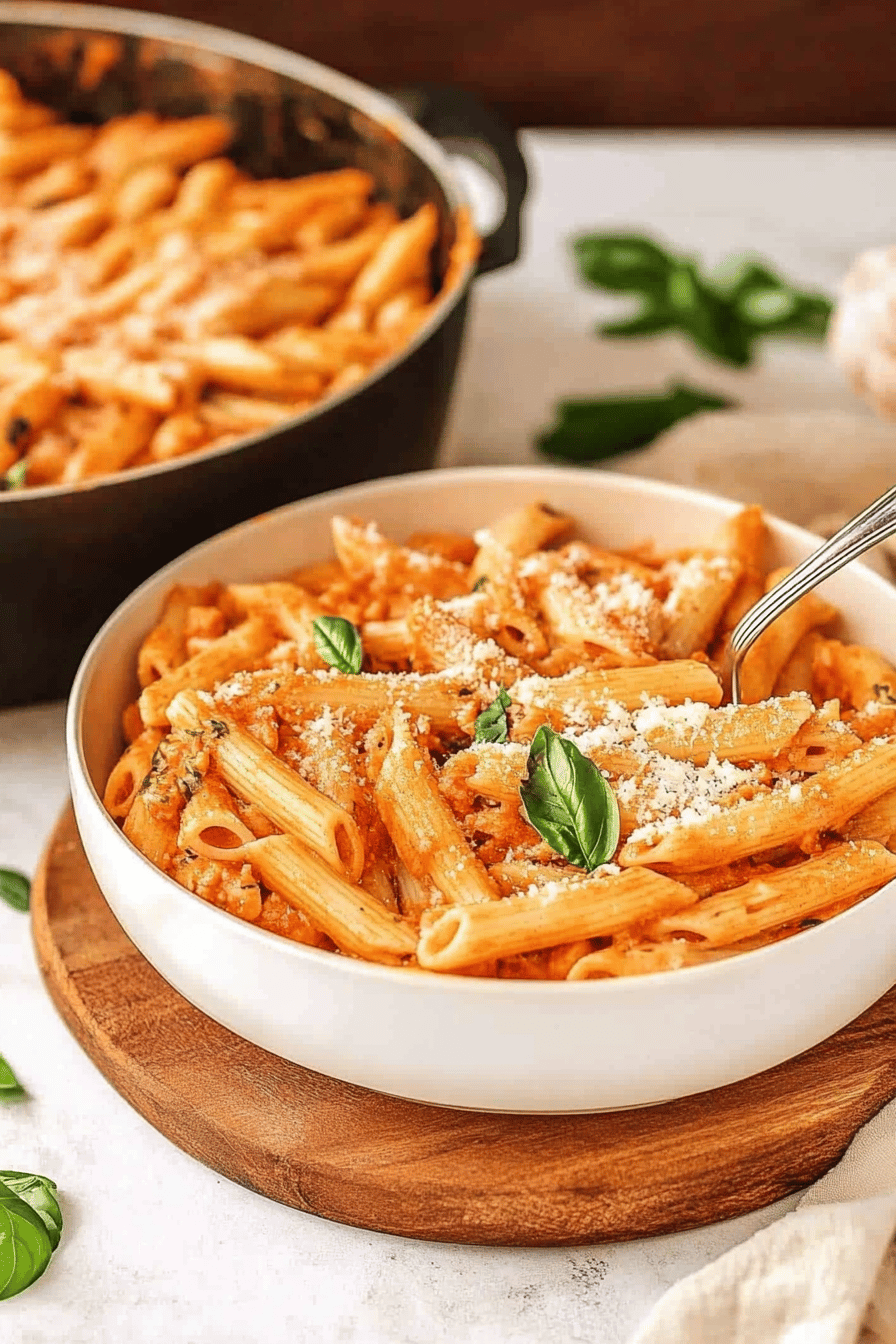 Penne Alla Vodka slice on plate showing perfect texture and swirl pattern