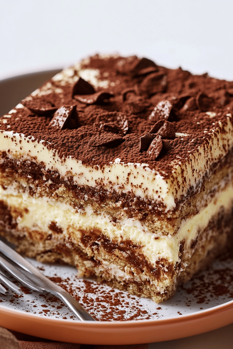 Tiramisu slice on plate showing perfect texture and swirl pattern