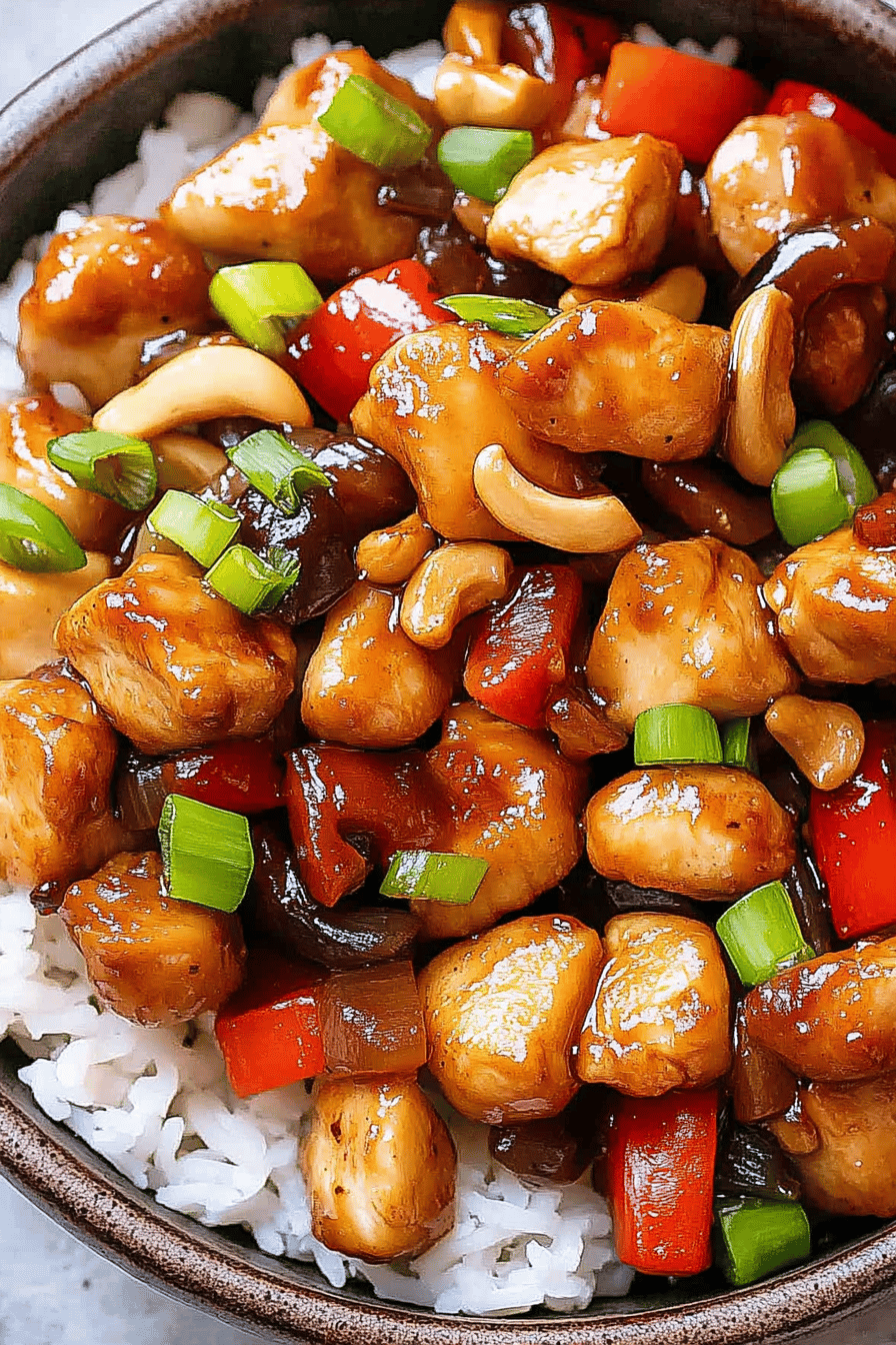 cashew chicken slice on plate showing perfect texture and swirl pattern