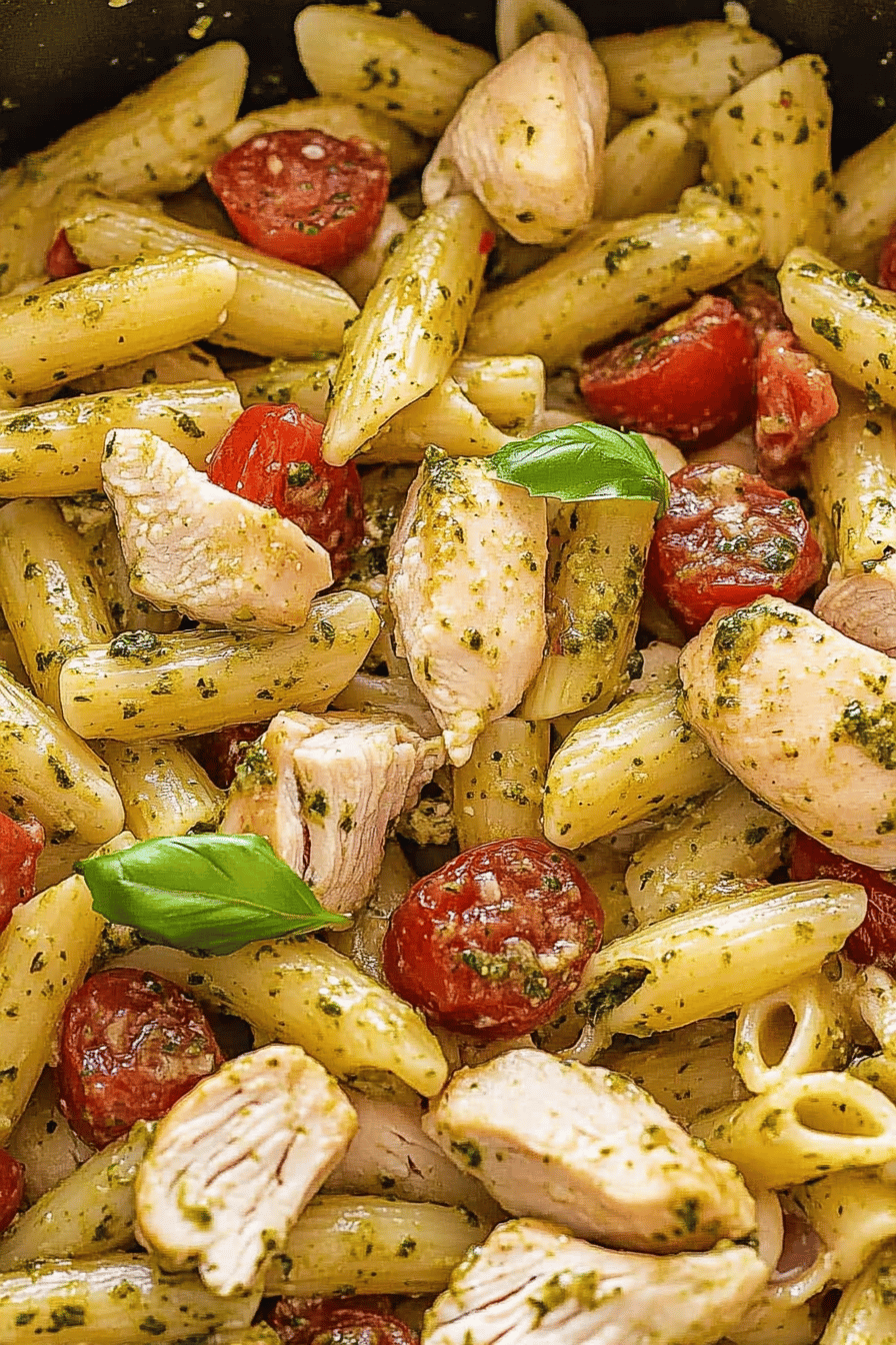 chicken pesto pasta ingredients organized and measured on kitchen counter