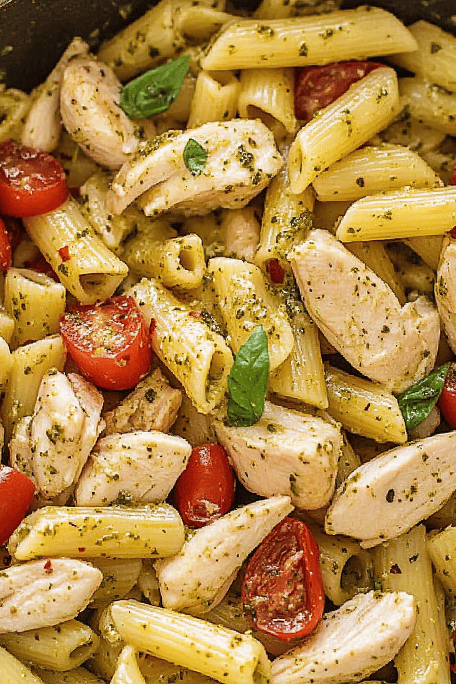 chicken pesto pasta slice on plate showing perfect texture and swirl pattern