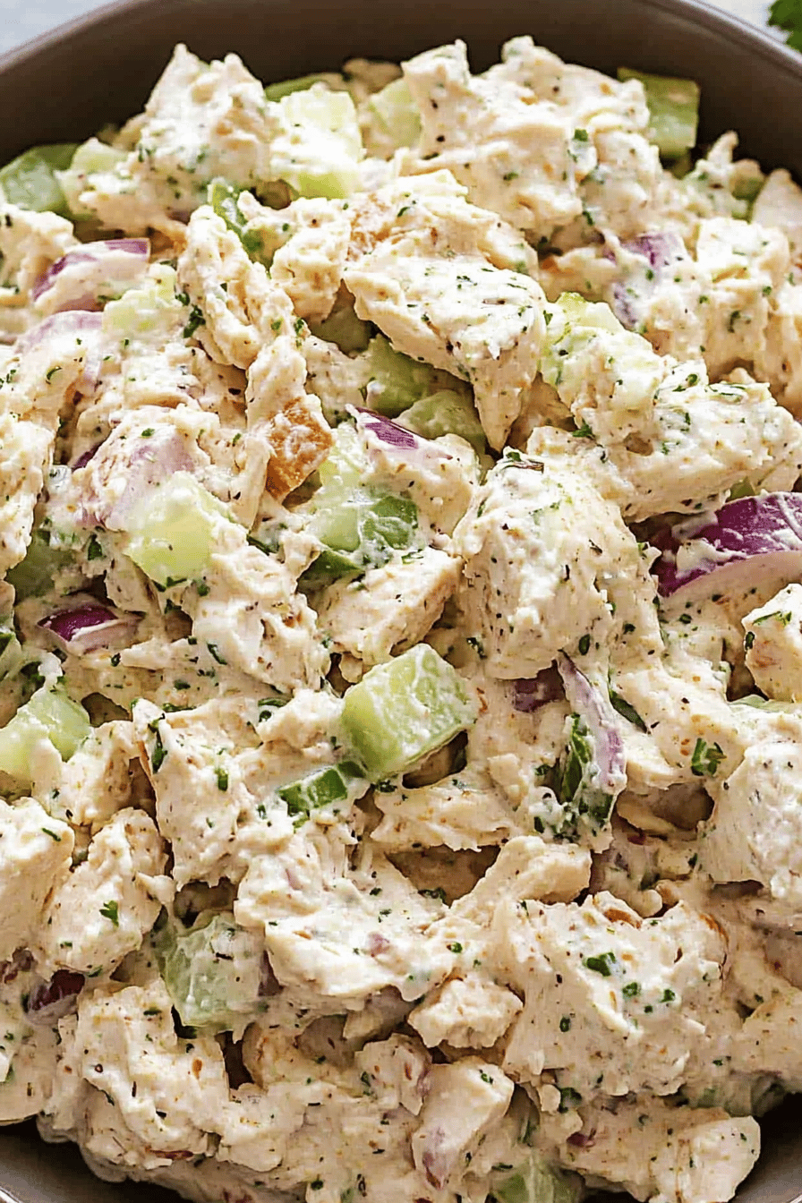 chicken salad slice on plate showing perfect texture and swirl pattern