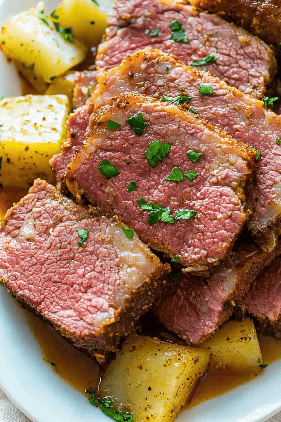 corned beef instant pot slice on plate showing perfect texture and swirl pattern