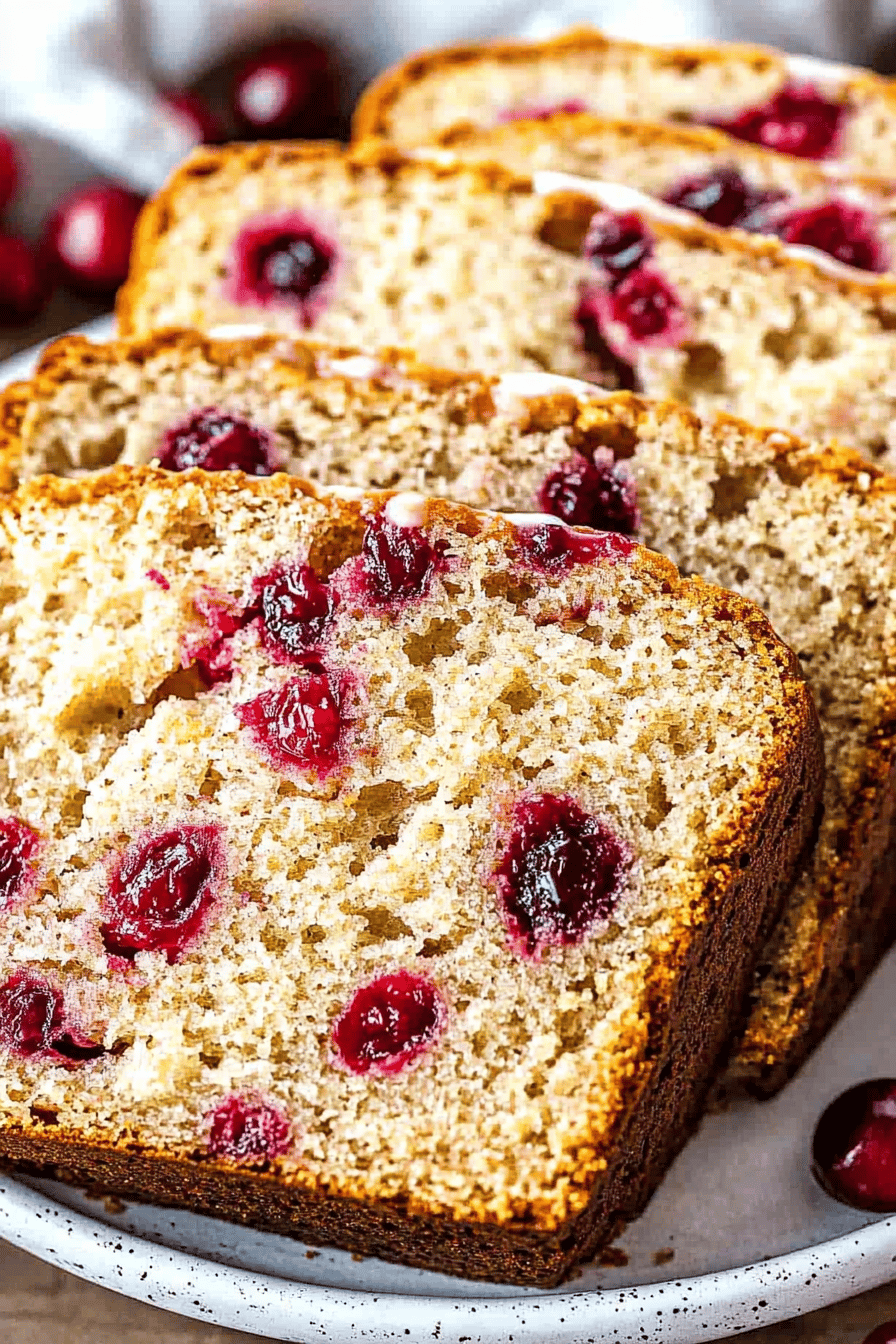 cranberry orange bread slice on plate showing perfect texture and swirl pattern