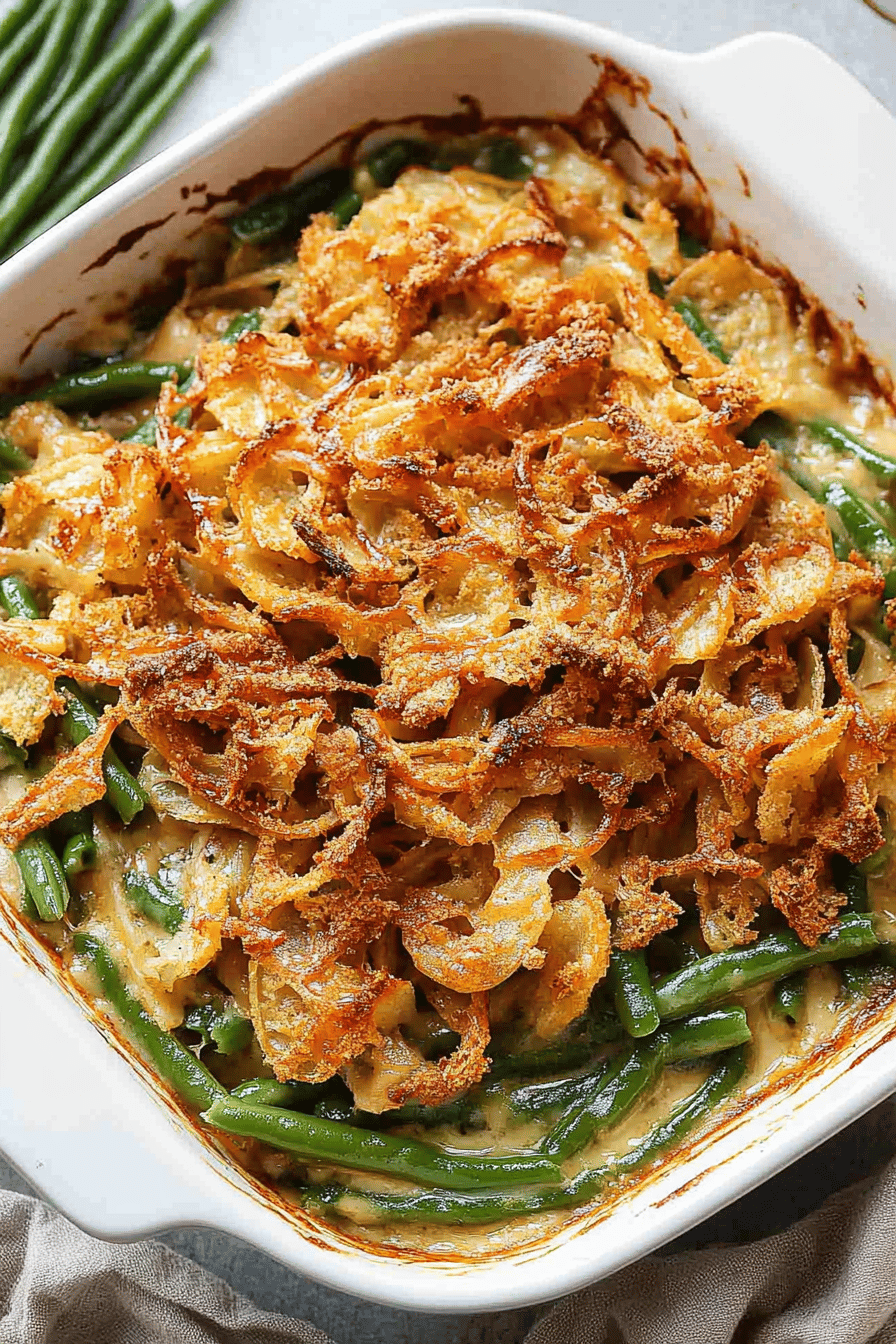 green bean casserole slice on plate showing perfect texture and swirl pattern