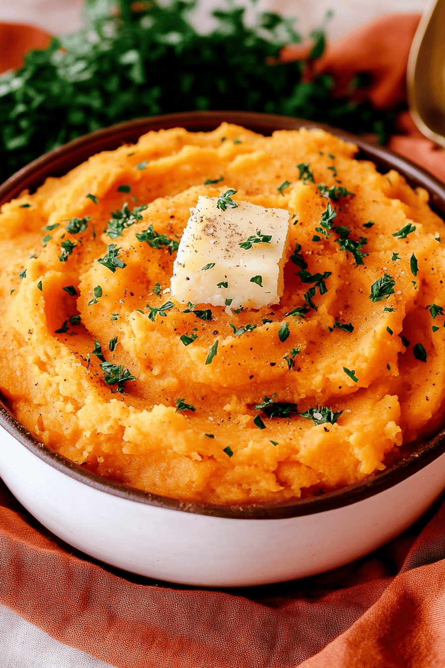 mashed sweet potatoes slice on plate showing perfect texture and swirl pattern
