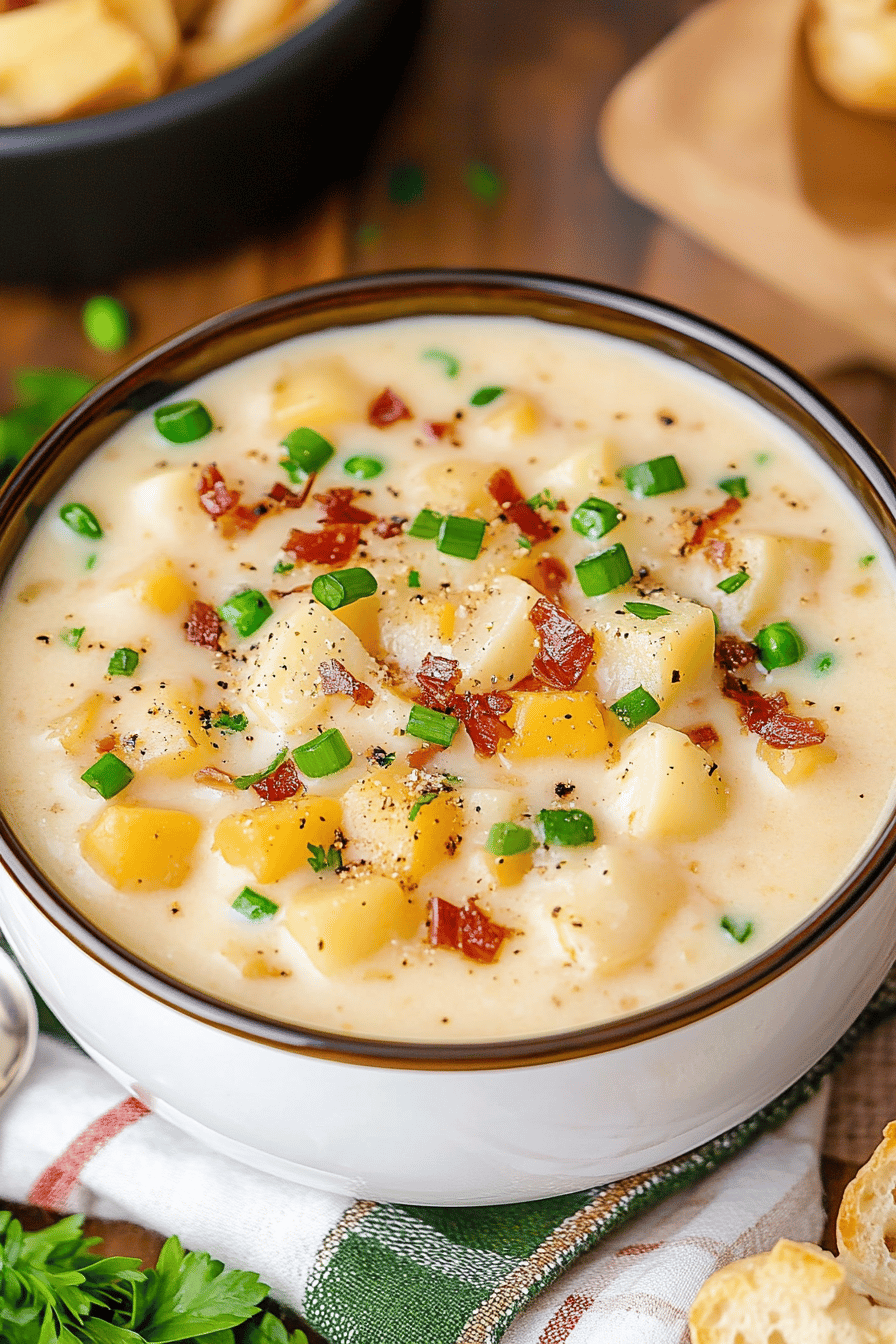 A colorful assortment of fresh potato soup ingredients neatly arranged on a wooden cutting board.