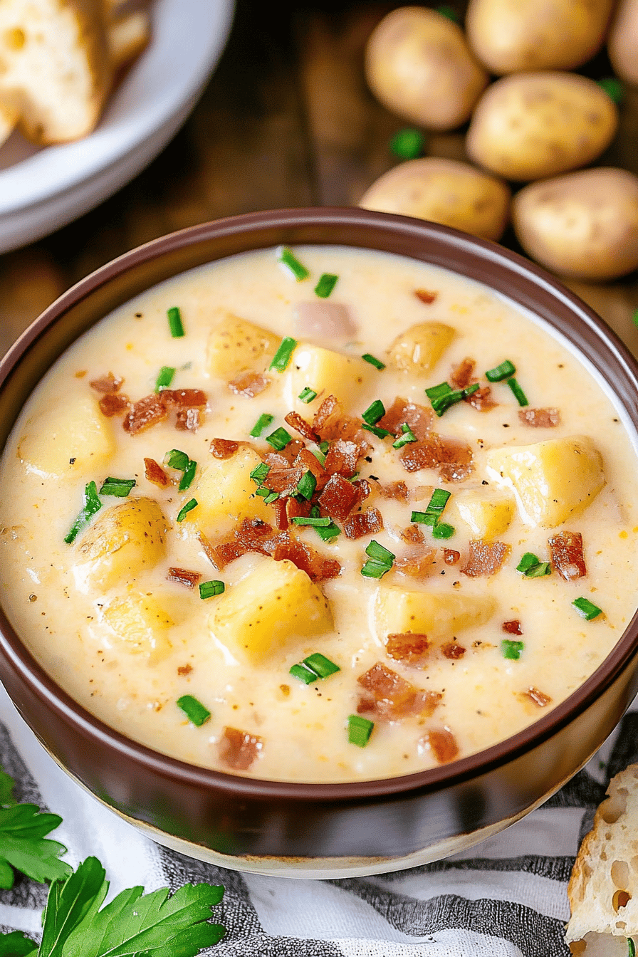 A close-up shot of a sliced bowl of potato soup, revealing its smooth texture and flavorful toppings.