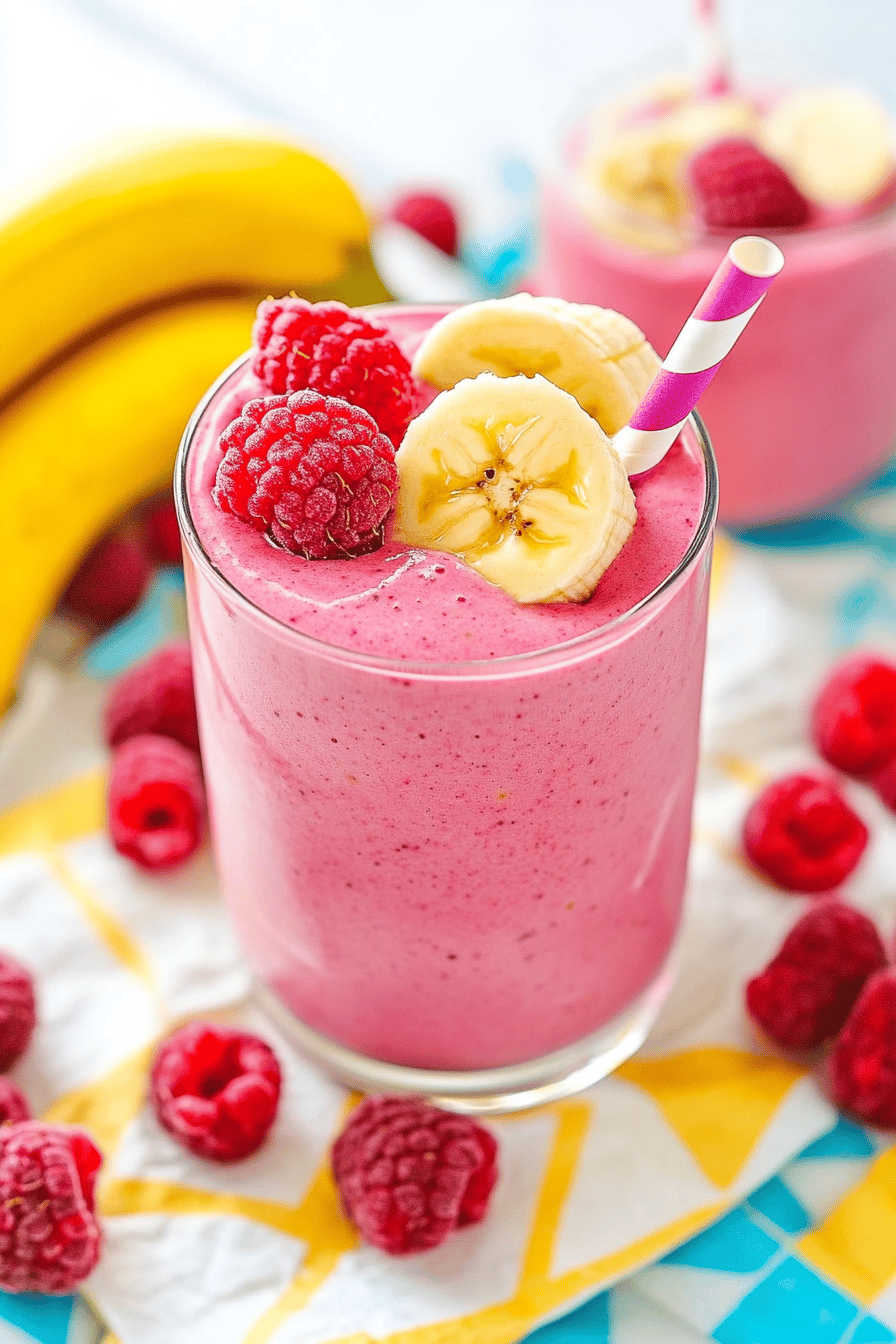 raspberry banana smoothie ingredients organized and measured on kitchen counter