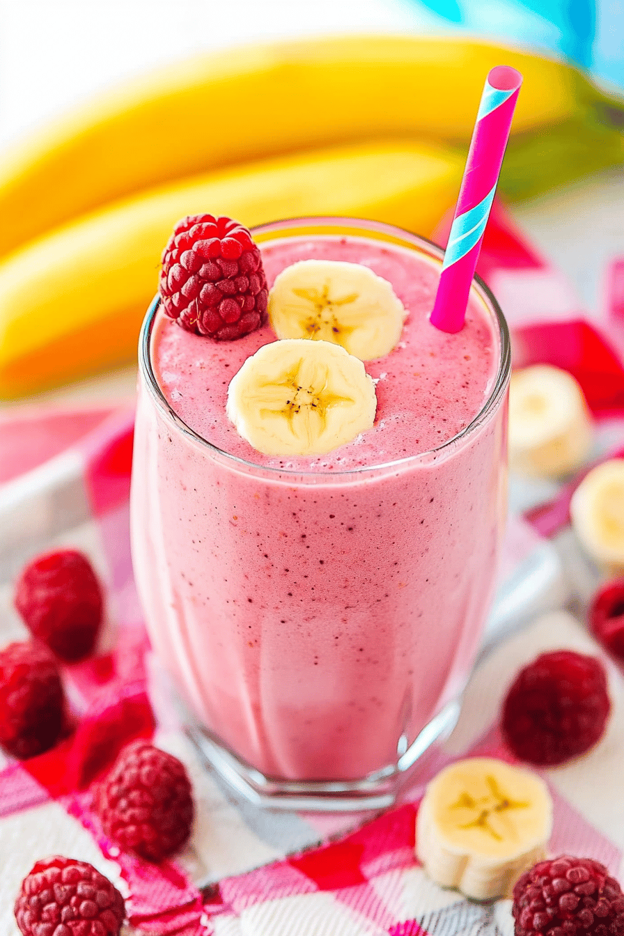 raspberry banana smoothie slice on plate showing perfect texture and swirl pattern