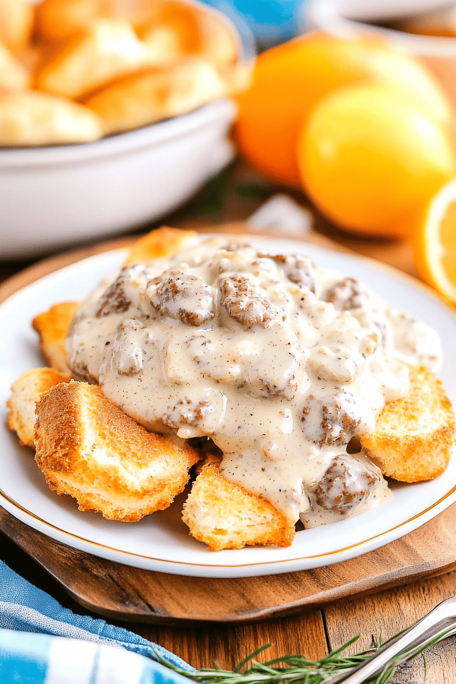 sausage gravy slice on plate showing perfect texture and swirl pattern
