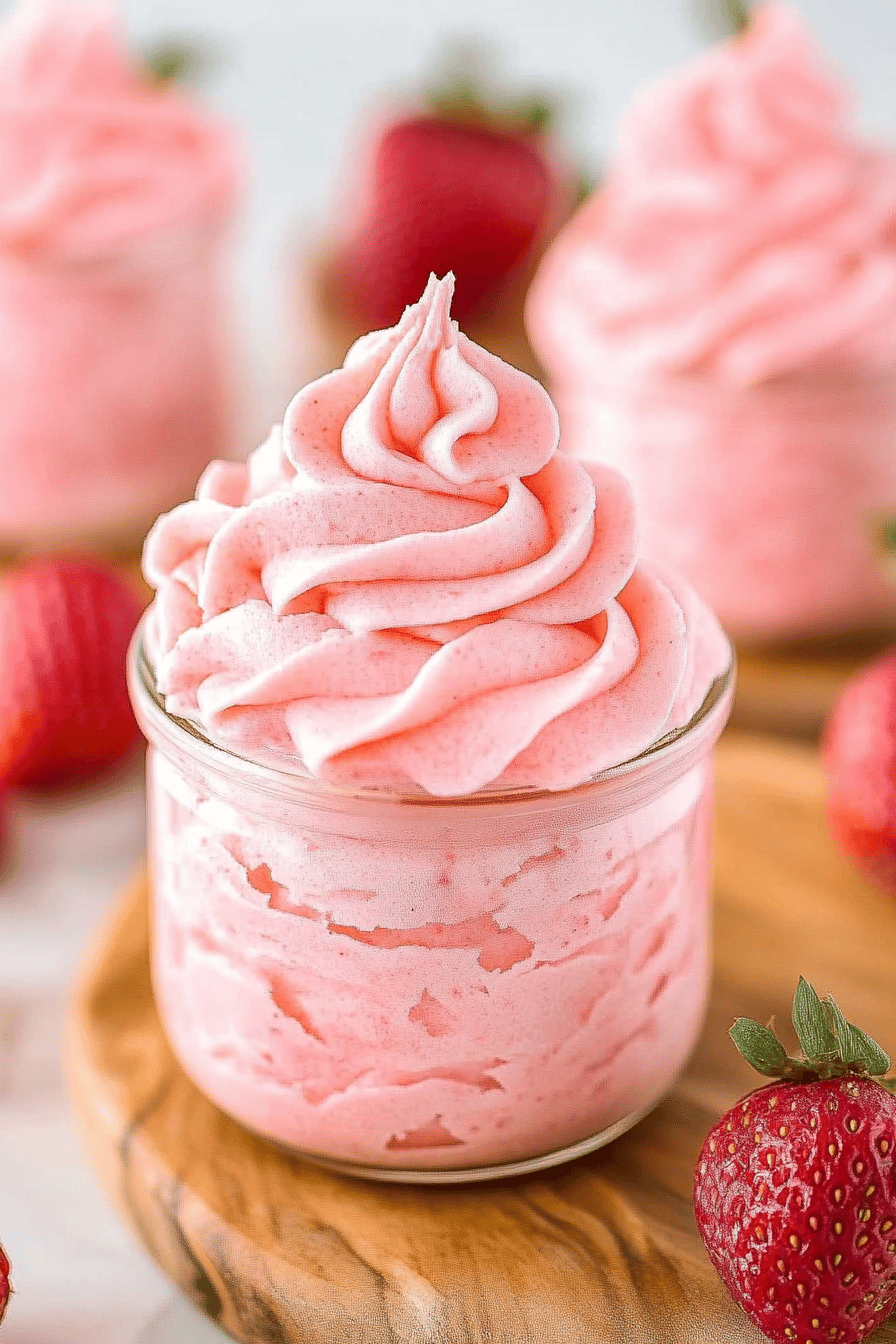 strawberry frosting slice on plate showing perfect texture and swirl pattern